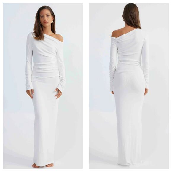 SNDYS Reya Maxi Dress Size Small Ribbed Off Shoulder Ruched White - Picture 1 of 14